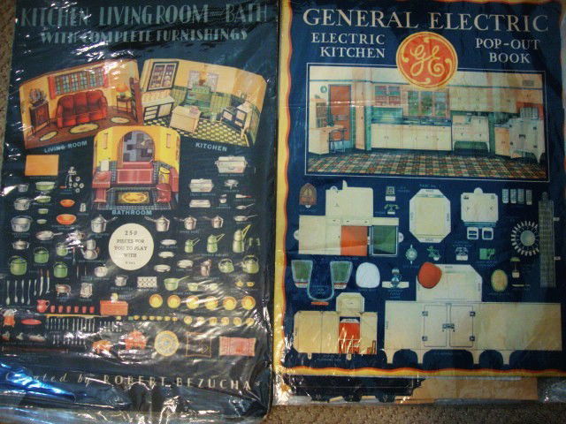 Dollhouse Furniture Pop-out Books: 1933 General Electric kitchen pop-out book and kitchen, living room and bath pop-out by Robert Bezuca, 1933 Whitman Publishing, size 13" x 18"