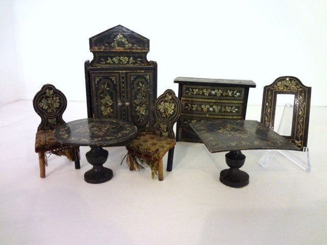 Lithographed Furniture Grouping: Eight pieces lithographed furniture, sideboard, two tables, three chairs, three-drawer chest, mirror (no glass), tallest 4.5" H.