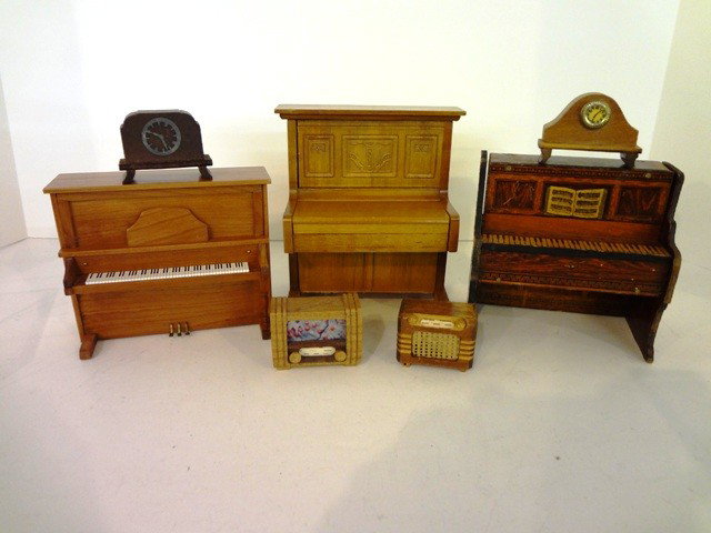 Warren Dick Dollhouse Piano, Clock, and Radios: Three dollhouse pianos, one signed Warren Dick, others German 5.5 x 5" tallest, two clocks & two radios 2" tallest, German.