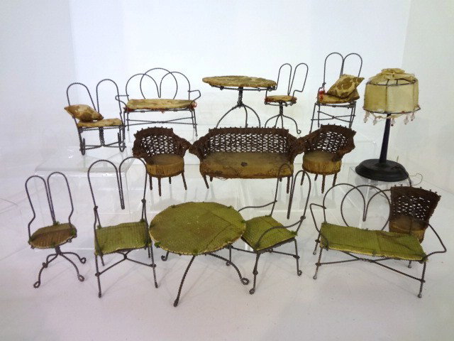 Two 1920's Wire Outdoor Sets and Wicker: Vintage grouping includes two wire outdoor sets, with floral seats and covers, largest piece is chair 5". Both sets with a very early four-piece wicker set 3" and lamps as is.