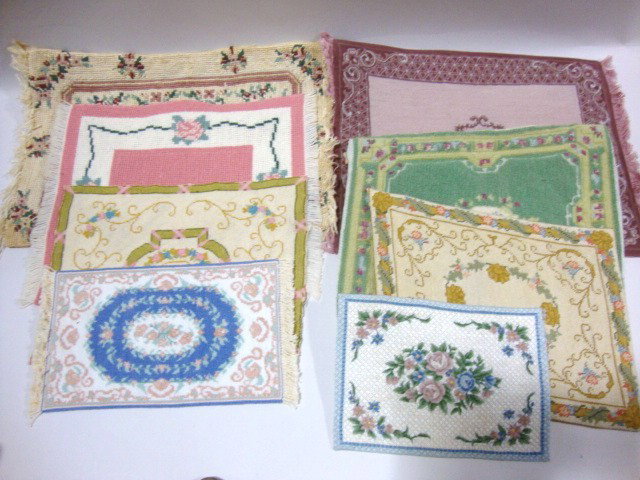 Grouping Pastel Needlepoint Dollhouse Rugs: Eight needlepoint dollhouse carpets in all shades of pastels, some Chinese, most floral 9 x 12" to 5 x 7"