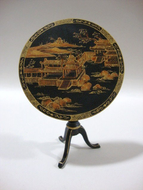 Pollie Simpson Birdcage Tilt-top Table: Japanned Pollie Simpsont tilt-top table, blue incredible Japanese scene birds on top with criss-cross edging and gold rope edging on pad feet, table up 4.5", table down 3", workmanship on this is exqu
