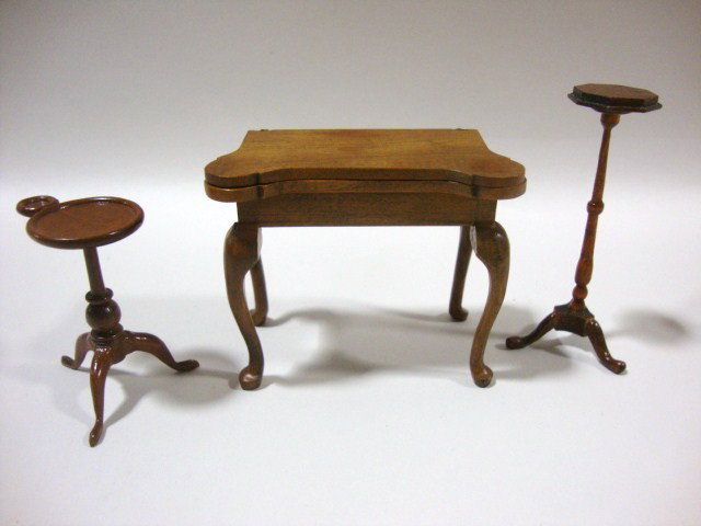Willoughby Game Table, R. Simms Candlestand: Game table with Queen Anne pad feet, 3 x 2.5" and candle stand 3", also R. Simms candlestand with snake feet 2".