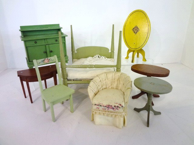 Vintage Painted Furniture: German four-poster bed 6" H, 5" L, a washstand or buffet, a Roger Williams-type lift-top table, Wisconsin Toy Co. chair (missing back splat), three other tables and an upholstered chair.