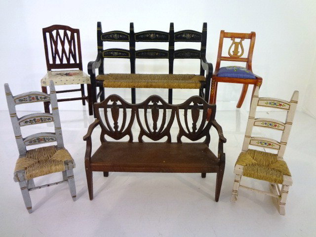 Tynietoy Seating Group: An assortment of Tynietoy settees and chairs including a Hepplewhite shield-back settee 5" L (split arm support), a painted bench (splits in the arms), painted ladderback chair and rocker, Sheraton ch