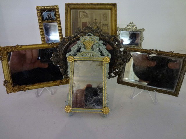 Miniature Wallace Nutting Print: A miniature Wallace Nutting framed print 4" X 2.5" with an assortment of framed mirrors.