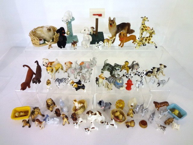 Miniature Animals: Miniature animals all sizes, bone china, metal, plush, three marked Handwork West Germany, some marked Japan, over 50 pcs., 3.5"