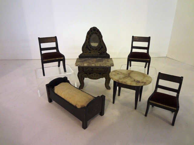 Biedermeier Furniture: Group of antique Biedermeier furniture: dresser, table, three chairs and bed, 6 pcs., vanity 6" H