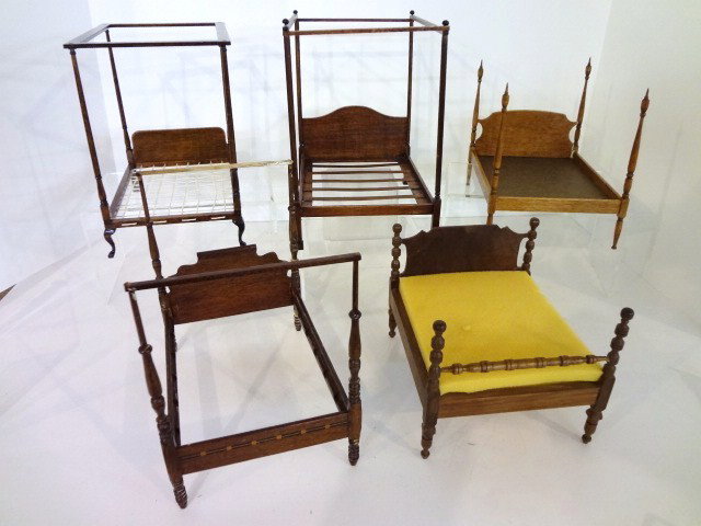 Five Four-poster Beds: A Betty Valentine cannonball bed (reglued), a handsome Hepplewhite bed (reglued) and three kit-type canopy beds. 6" L.