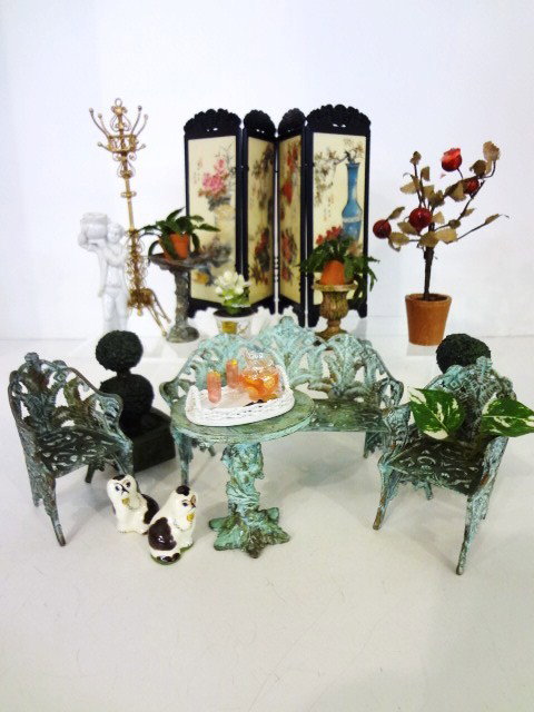 Garden Group: Assortment of garden furnishings including metal seating group with pretty painted finish (settee 5" L, 3" H), topiary, screen, early German apple tree, woven carpet and ceramic accessories.