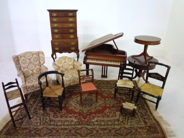 Lot of Lynnfield Furniture: An assortment of vintage Lynnfield furniture including a grand piano (missing music box) 3.5" H, 5" L, a rare Queen Anne highboy (one leg repaired) 6" H, pair of upholstered chairs, a dining chair and