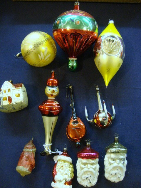 Vintage Christmas Balls: Ten Figural Vintage Christmas Balls, Santa, House, 1 Italian Soldier, etc. 8" tallest
