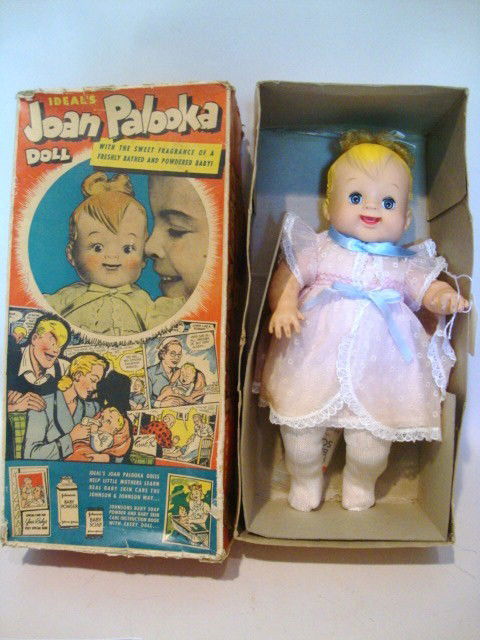 Ideal's Joan Palooka Doll in Original Box: Ideals Joan Palooka Doll, all vinyl 13", w/original dress, one bar of soap & birth certificate, circa 1953