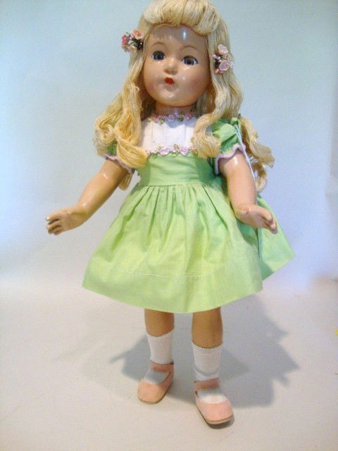 Effanbee Little Lady: Effanbee Little Lady, 17" Composition, w/yarn hair & original dress, the dress has been lined & underpants made by Dot Huber, also new socks & shoes