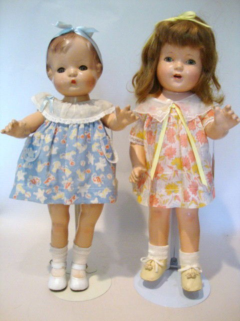 Effanbee Mary Lee Composition and Patsy Joan: Composition face, arms & legs, Mary Lee, signed on neck 17", cloth body w/crying mechanism, added ribbons, Patsy Joan 17", all composition w/original clothing, new shoes & ribbons