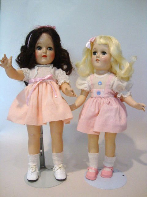 Ideal Two Toni Dolls: Two Ideal Toni Dolls, 14" & 15", both w/original clothing, one has replaced shoes, good faces & hair one blonde, one brunette