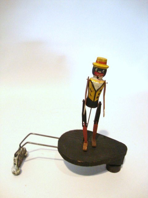 Early Wood Dancing Jigger Wind-up: Early Dancing Coon Jigger by National Toy Co., Boston, Mass, circa 1915, wood & metal construction 7" (t)