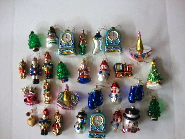 Contemporary Figural Christmas Balls: Approximately 20+ Quality Figural Christmas Balls & Decorations, clocks, umbrellas, trees, gloves, etc., 5" tallest