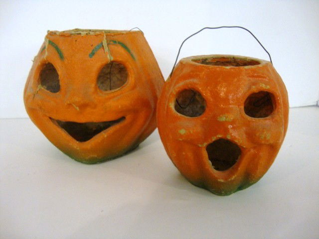 Halloween Jack O' Lantern: Two small Paper Mache Jack O' Lanterns, both missing paper on eyes & mouth