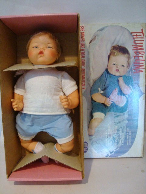 Ideal Thumbelina in OB: Ideal Thumbelina 18" in OB, box 21" x 10" x 7", doll has new shoes, box is as is on top