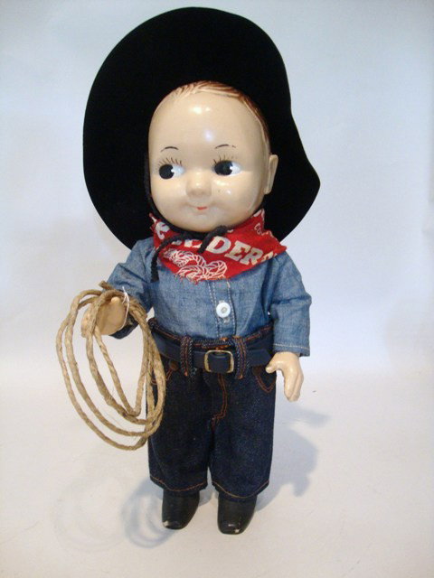 Buddy Lee Hard Plastic Doll: Buddy Lee Doll in Denim, replaced hat, scarf, belt, done very well, 13"