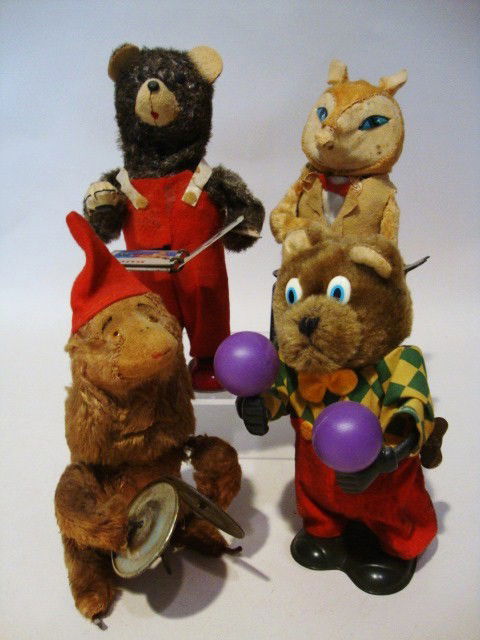 Japanese Wind-up Toys: Four Japanese Wind-up Toys, Bear, reading book Fox Magician, Bear w/casinets, Monkey w/cymbals, all working 7" tallest