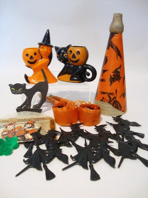 Plastic Halloween Decorations: Witch w/pumpkin, Cat w/pumpkin, Paper horse, plastic witches, paper diecuts, etc., over 20 pcs.