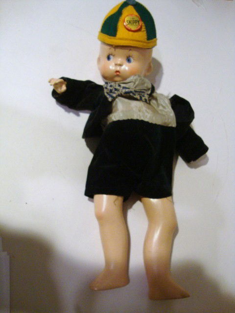Effanbee Skippy: Effanbee Skippy 15", all composition w/original clothing, no shoes or socks, doll needs restringing, Skippy on back of head