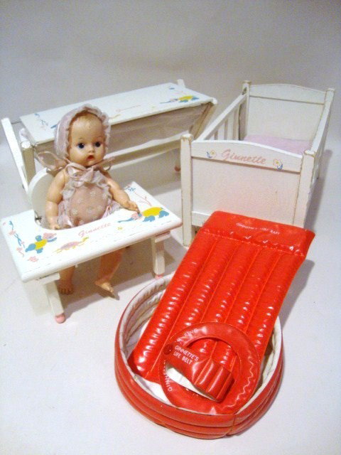 Vogue Ginette Doll, Bedroom and Pool: Vogue Ginette Doll, w/3 pc. Bed, feeding chair & changing table, 4 piece pool set