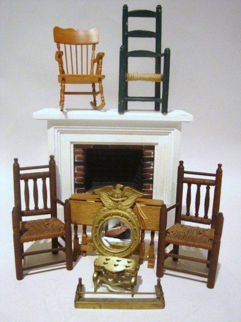 Dollhouse Early Arm Chairs, Fireplace, etc.: Two Early Arm Chars unsigned great turnings & Rush seats, Carlise Rocker, green painted slat back arm chair, drop-leaf table, bullseye mirror & 2 fireplace accessories, chairs 4" (t), very nice groupi