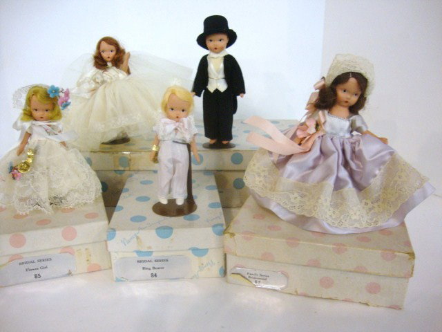 Nancy Ann Storybook Doll Wedding in OB: Bridal Series and Family #86 Bride in box, #88 Groom in box, #85 Flower Girl, #84 Ring Bearer, #87 Bridesmaid in box