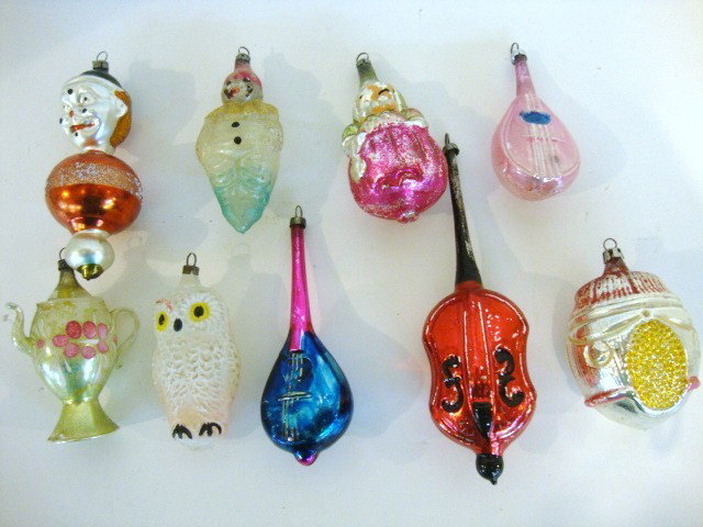 Figural Christmas Ornaments: Clown, Banjo, Teapot, Owl, etc., 9 pcs., very good paint