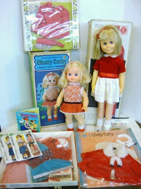 Charming Chatty and Chatty Cathy in OB with Clothi: Charming Chatty & Chatty Cathy in OB, together w/3 outfits in original packs, Chatty Baby Outdoors, Party coat, Birthday Party, 2 patterns & book, very nice lot