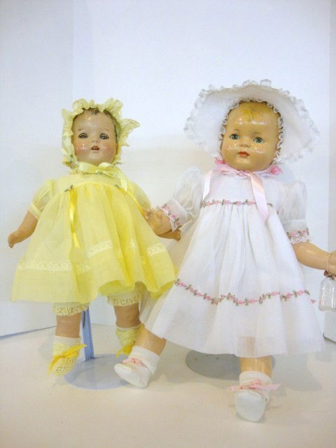 Effanbee Composition Baby Dolls: Effanbee Composition and Cloth, unmarked composition and cloth, redressed w/artistry of Dottie Huber, both in Organdy white & yellow, from bottom to top, Incredible workmanship