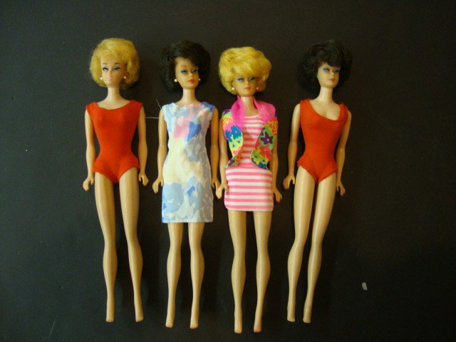 Four Bubble Cut Barbies: Four Bubble Cut Barbies in n Barbie Dresses, two Blondes and Two Brunettes