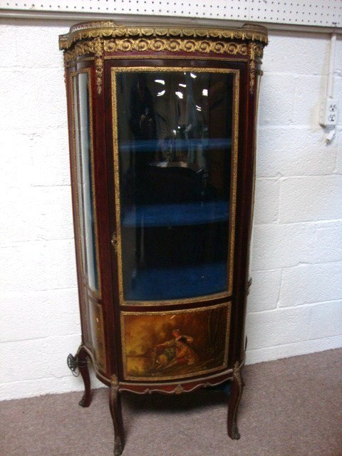 Verni Martin Curio Cabinet: Verni Martin Curio Cabinet, swag tassels, Ormolu trim w/shelves, lights, marble top, bottom drawer w/gold gilded painting 55 3/8" x 29" x 13"