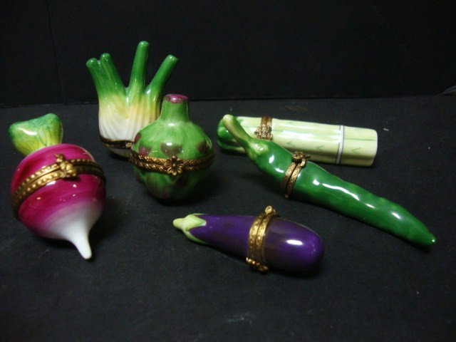 Limoges Vegetable Trinket Boxes: Limoges Vegetable Trinket Boxes, 6 pcs., celery, pepper, onions, etc., 2"