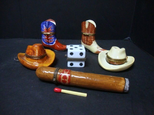 Limoges Trinket Boxes: Six Limoges Trinket Boxes, boots, hats, dice & cigar, 2 3/4" tallest