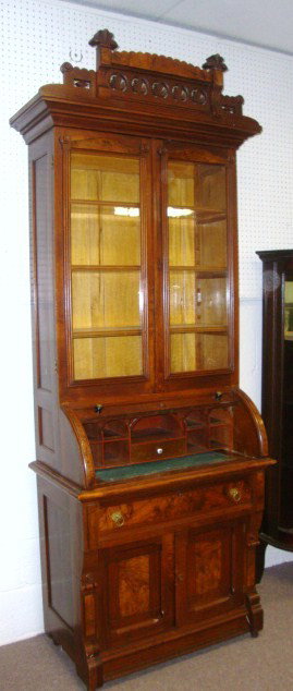 Walnut Victorian Desk: Walnut Cylinder Roll Top Desk w/fancy galley, 93" x 33" x 20"