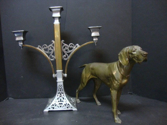 Candle and Bronze Style Hunting Dog: Three Arm Metal Candle & Hunting Dog, bronze style #JB 2568