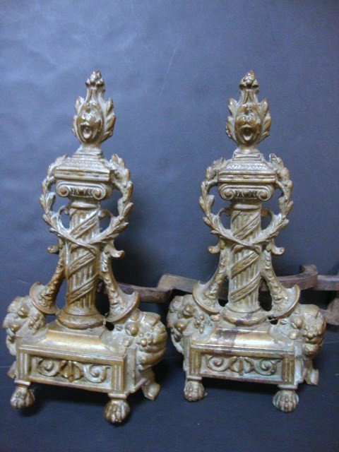 Pair Brass Andirons: Pair French Andirons, 13 4/" (t) x 7" (w) x 15" (d)