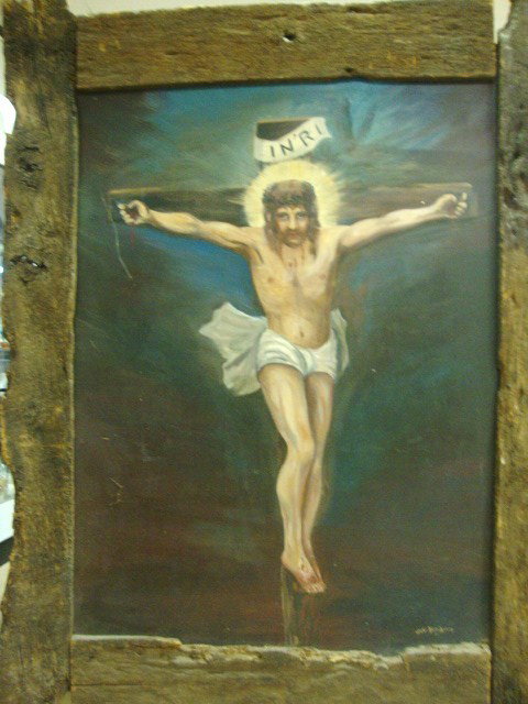 Mari Baum Lantes Crucifixion Painting: Crucifixion Painting by Mari Baum Lantes dated 1952, 54" x 40" image size in rustic wood frame
