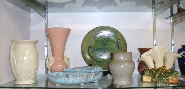 Shelf Lot Pottery: Shelf Lot Pottery : McCoy Floral Vase, other vases, dishes, etc. seven PIeces, all 1950 style