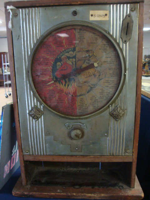 Five Cent Fortune Teller Arcade Game: A Vintage Five Cent Fortune Teller Arcade Game for determination of Purgatory or Heaven for user, 23 1/4" (t) x 16 1/2" (w) x 5 1/2" (d)
