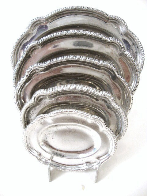 Meyers Rare Nest of Graduated Platters on Stand: A rare nest of five graduated platters on stand, the original full-size were created by William Hunter, 1764. Meyers did extensive research into the art and craft of the silversmith and all this backg