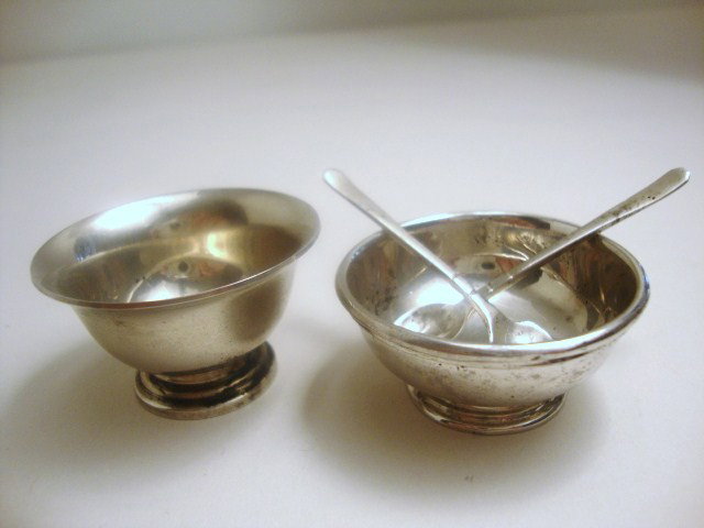 Meyers Sterling Punch Bowl and Salad Set: Meyers punch bowl and modern three-piece salad set, both with circular bases, both marked "M" sterling hand made. Salad set has two serving utensils.