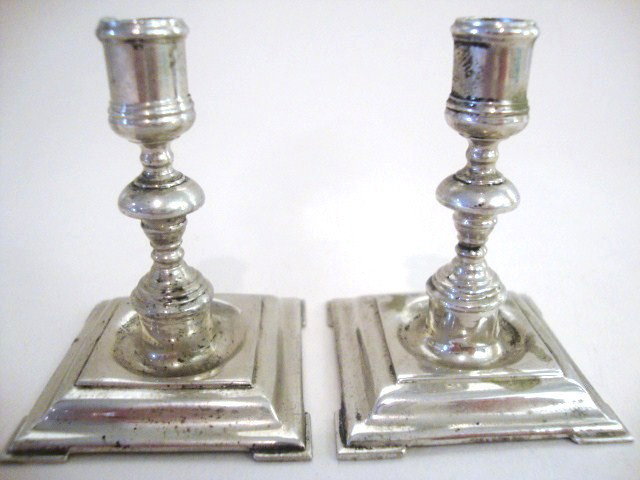Meyers Pair William and Mary Candlesticks: Pair of William and Mary candlesticks after Benjamin Pyne, London 1690, on square step-molded base with concave center, with knob centered turned stem and cylindrical socket, marked on base with "M" S