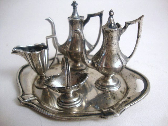 Meyers George II Coffee Set and Tray: Meyers George II Chippendale coffee set and tray after Robert Abercrombie, London 1738, marked "M" Sterling hand made. Teapot 2", tray 3", extra teapot with set, five pieces