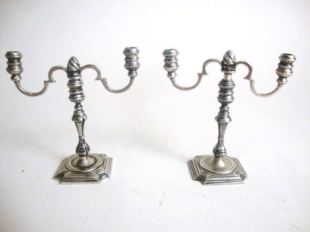 Meyers Pair George II Candleabra: Pair George II two-light candleabra after Paul de Lamerie, London 1745, marked "M" of square form with cut corners 2.5" H