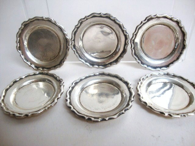 Six Meyers Chippendale Serving Plates: Six Meyers Chippendale serving plates with scalloped edges, all bearing "M" Sterling hand made, 1.75"